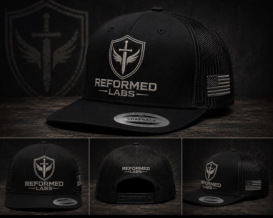 Shield Snapback trucker hat with embroidered shield logo