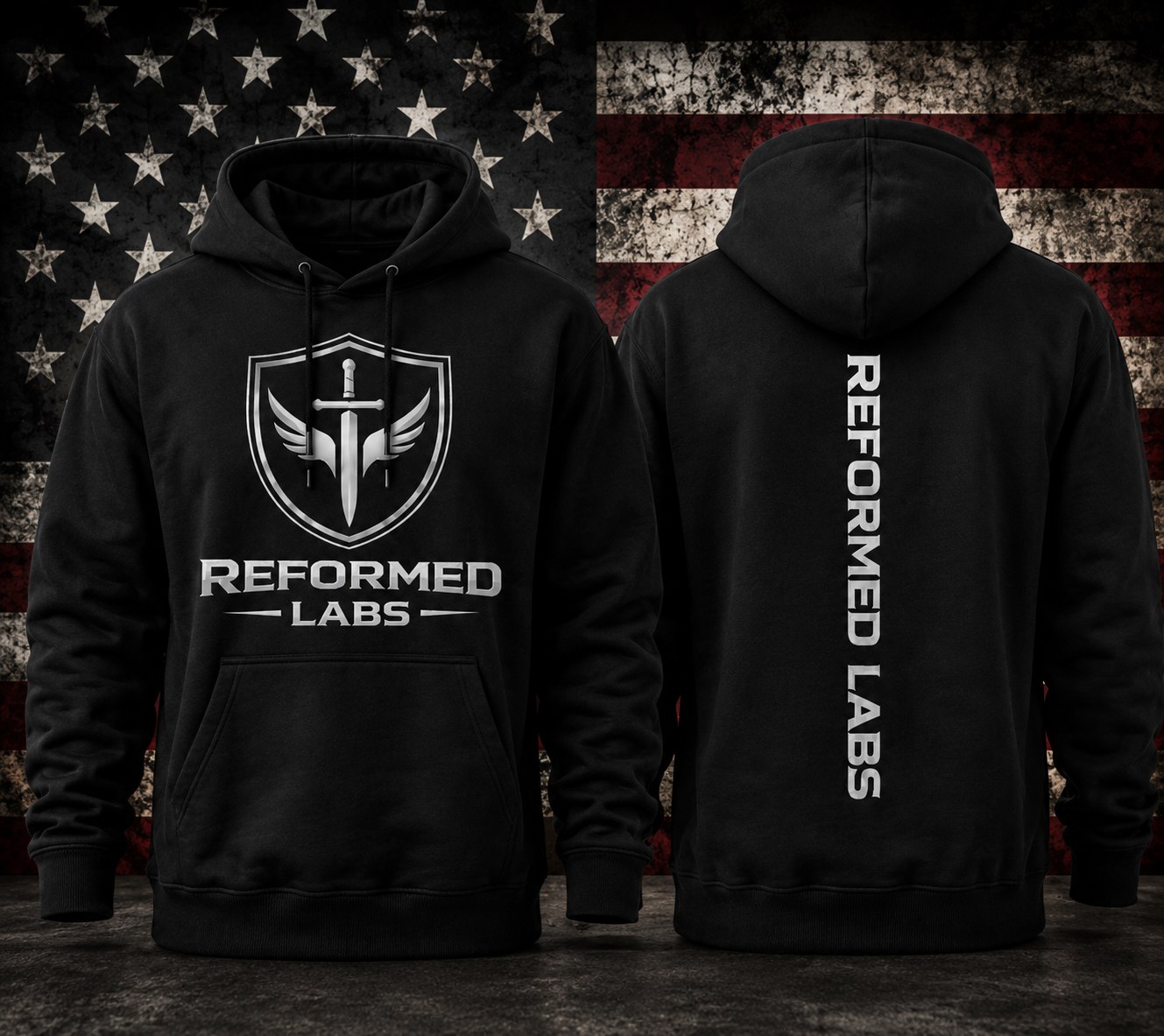 Shield Hoodie — black heavyweight fleece, shield logo and wordmark on the front, REFORMED LABS down the back