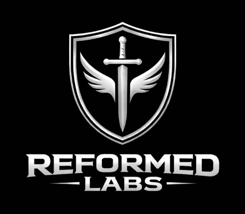 Reformed Labs emblem — a winged sword over a steel shield