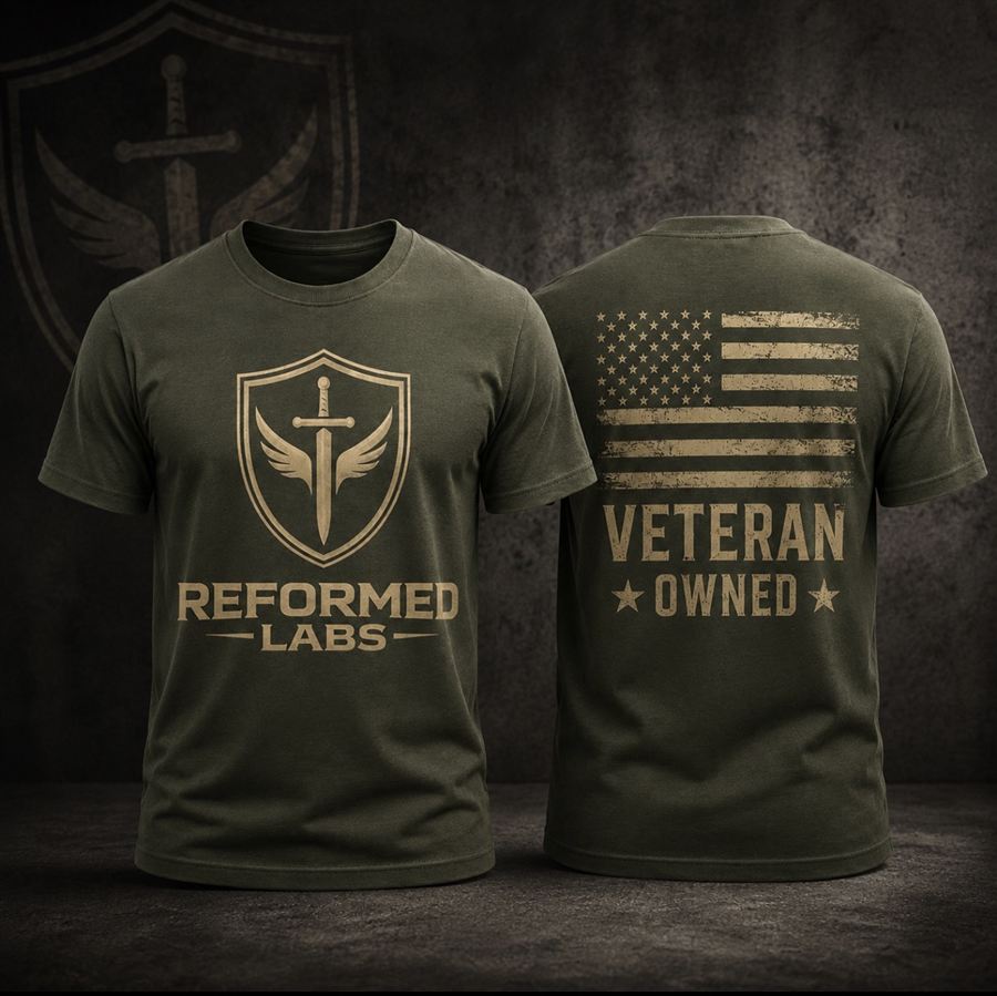 Veteran Owned flag tee — OD green with distressed American flag
