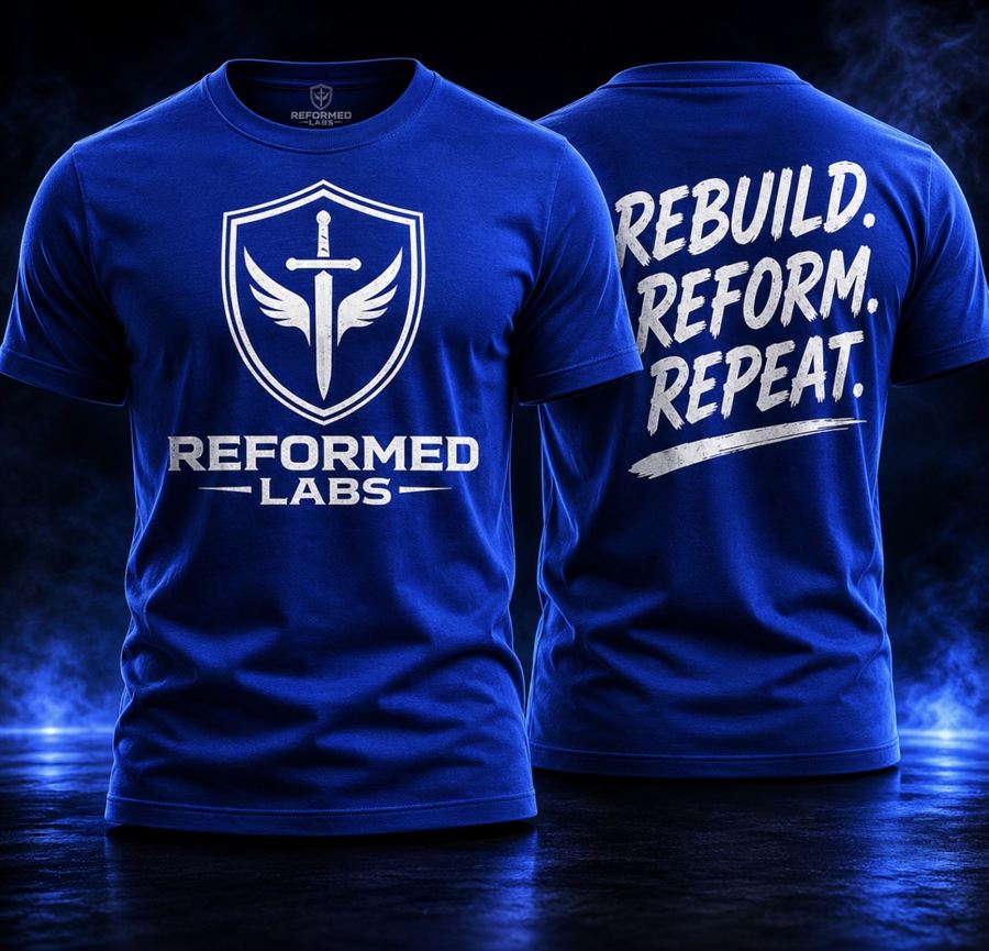 Rebuild. Reform. Repeat. tee — royal blue, shield logo on the front, REBUILD REFORM REPEAT across the back