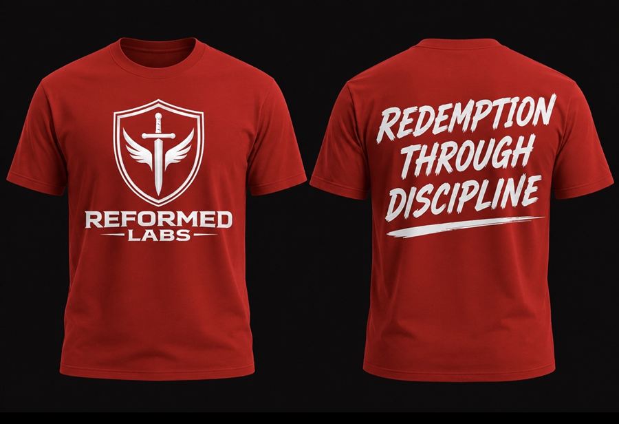 Redemption Through Discipline tee — red, shield logo on the front, REDEMPTION THROUGH DISCIPLINE across the back